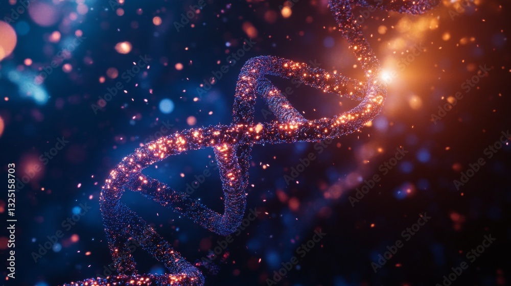 Glowing DNA Helix in Dark Space with Blue and Orange Particles Glowing DNA Helix in Dark Space with Blue and Orange Particles