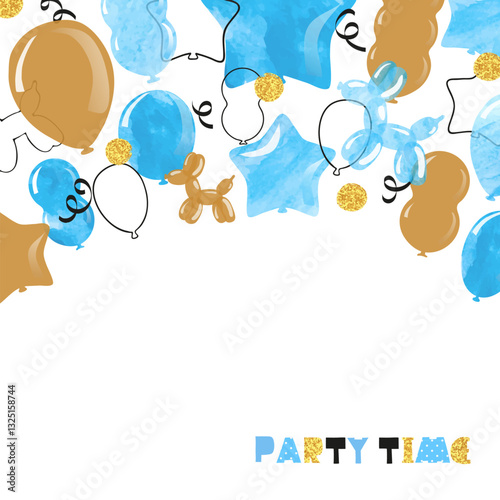 Watercolor blue and golden balloons. Vector celebration background. Happy Bir...