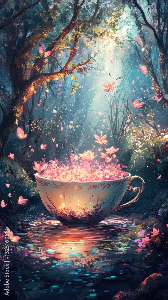 A Beautiful Enchanted Forest Scene With A Giant Teacup A Beautiful Enchanted Forest Scene With A Giant Teacup