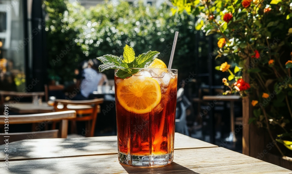 Refreshing Glass of Iced Tea with Lemon and Mint on a Sunny Day Outdoors Refreshing Glass of Iced Tea with Lemon and Mint on a Sunny Day Outdoors
