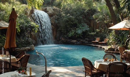 Vibrant pool with waterfall surrounded by tropical plants and patio furniture, offering a relaxing resort atmosphere.