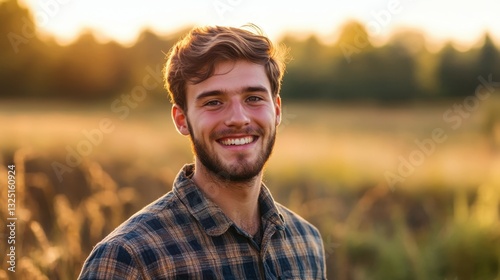 Close portrait of a smiling young Lithuanian male farmer standing and looking at the camera, outdoors Lithuanian rural blurred background