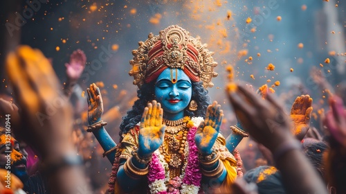 Dolyatra celebration with Lord Krishna idol adorned in floral garlands with joyful devotees throwing colorful powders in air. Festive atmosphere of Holi in India photo