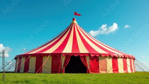 Giant striped circus tent against a vibrant blue sky , big top, spectacle