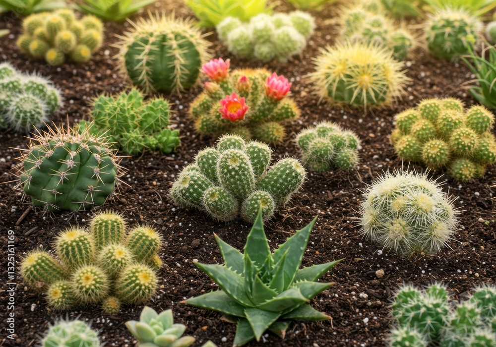 Vibrant cactus garden with blossoming flowers and diverse succulents in sunlit soil Vibrant cactus garden with blossoming flowers and diverse succulents in sunlit soil
