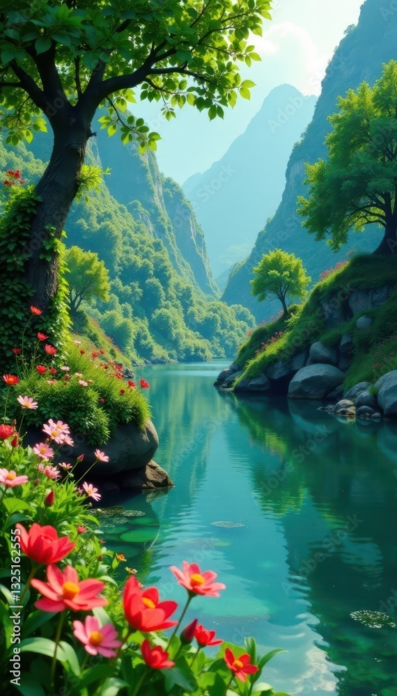 Fototapeta premium Flourishing greenery, tranquil water, abundant foliage, idyllic scene, environment, beauty