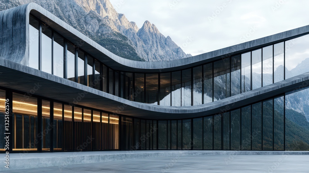 Fototapeta premium A refined modern building with sweeping glass curves and dark mahogany wooden beams, set against a dramatic mountain range