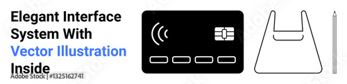 Contactless credit card with signal waves, stylized shopping bag, and a slim stylus pen. Ideal for e-commerce, contactless payments, digital shopping, tech innovation, retail, cashless transactions