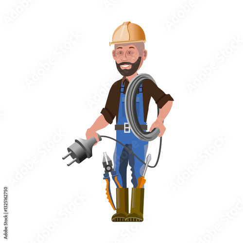 Cartoon electrician with electrical cable, screwdriver and pliers.