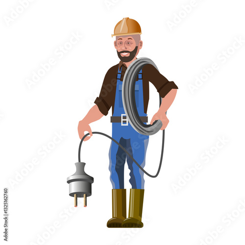Cartoon electrician holding electrical cable with plug