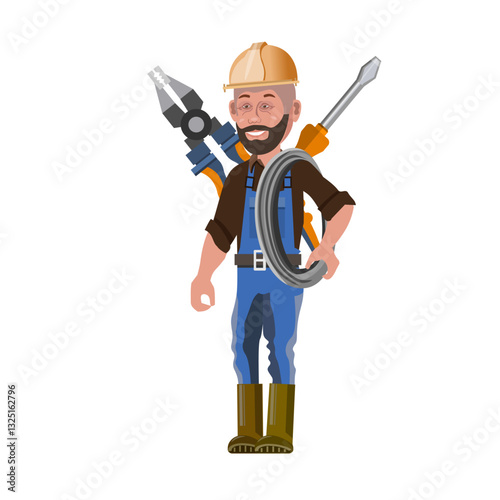 Cartoon electrician holding electric tools and wire behind his shoulders