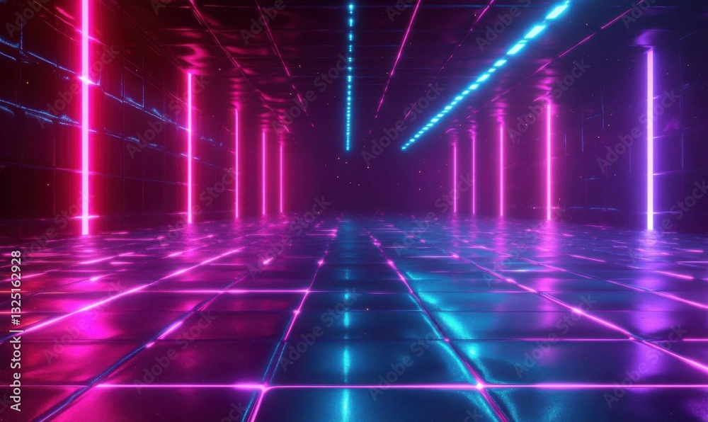 Futuristic digital grid with neon lights and glowing bokeh effects Futuristic digital grid with neon lights and glowing bokeh effects