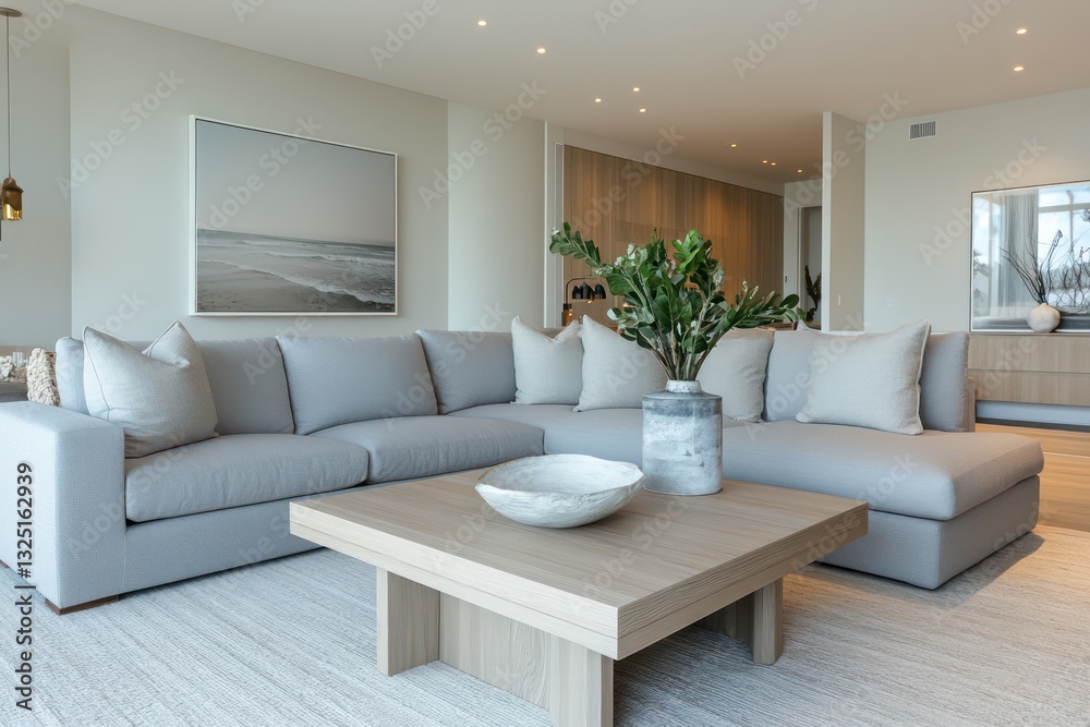 A serene and calming living room with a gray sectional sofa, a low-profile wooden coffee table, and soft neutral tones A serene and calming living room with a gray sectional sofa, a low-profile wooden coffee table, and soft neutral tones