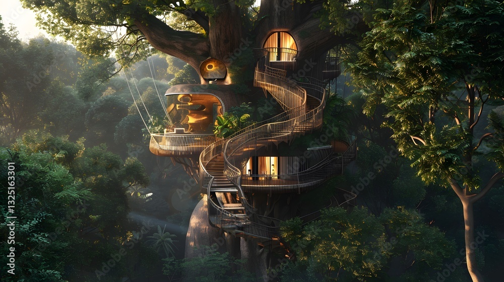 Naklejka premium Elaborate multi-level treehouse wrapped around a massive tree in a serene forest