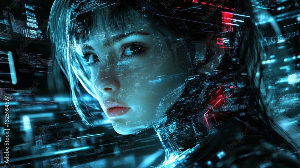 futuristic portrait of young woman in cyber space