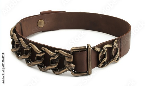 Unique brown leather belt with sleek metal buckle and stylish chain design