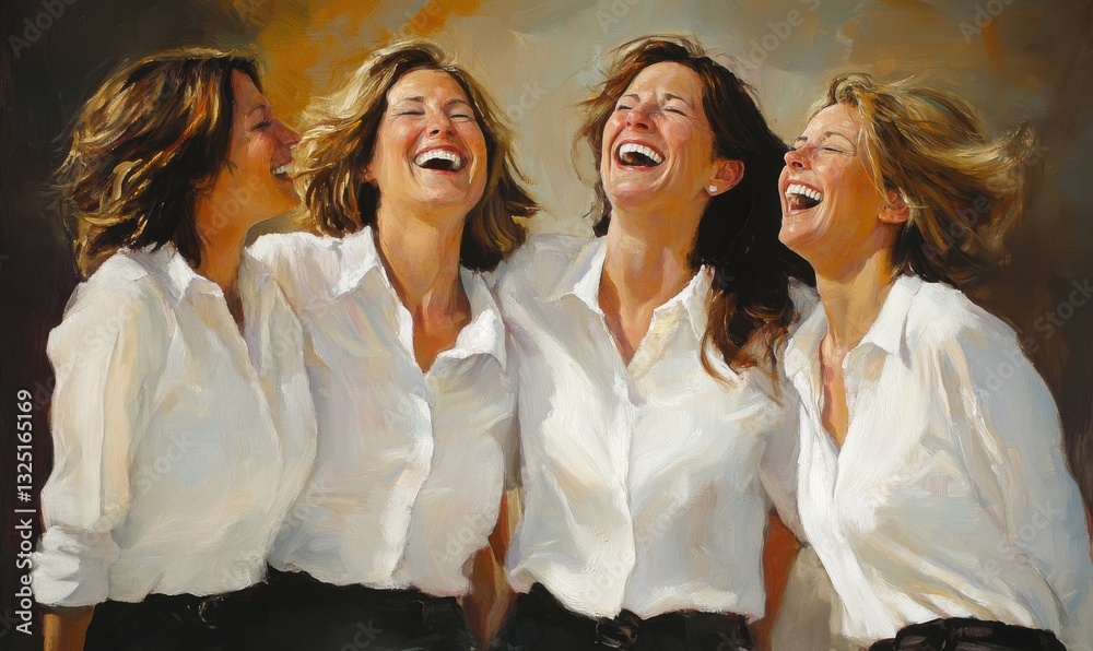 Group of Four Joyful Women Laughing Together in White Shirts Group of Four Joyful Women Laughing Together in White Shirts
