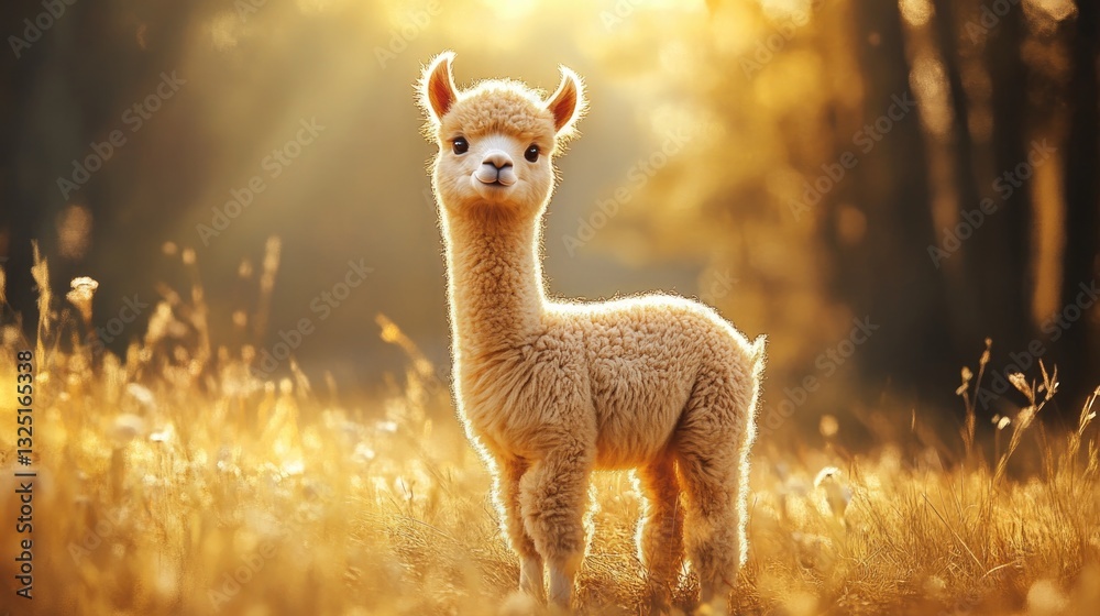 Fototapeta premium A cute fluffy alpaca stands calmly in a sunlit field of grass