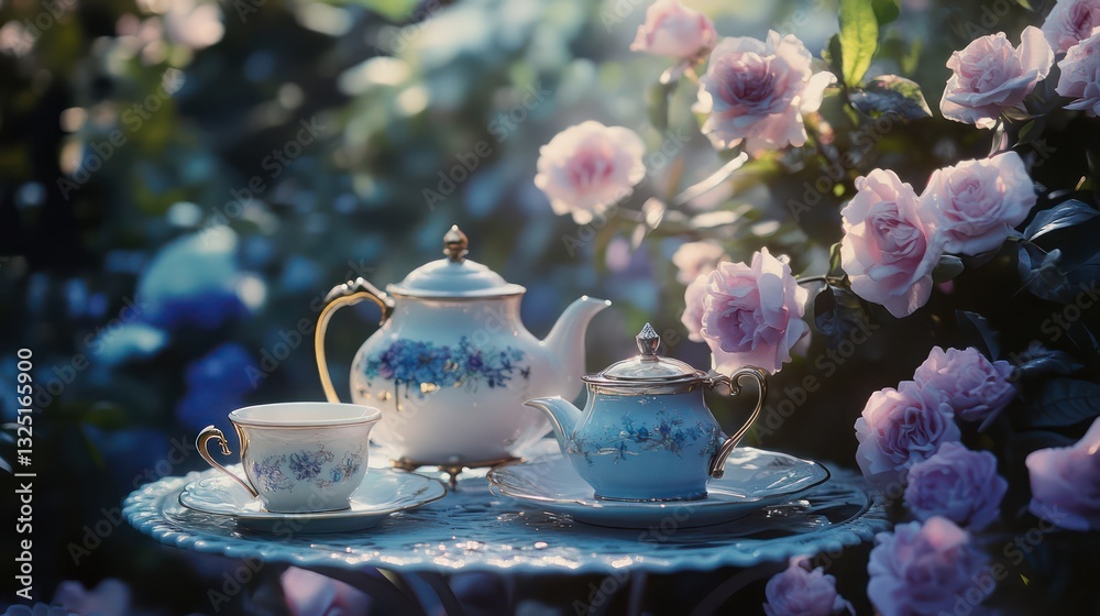 Fototapeta premium A delightful garden scene featuring tea and blooming roses blossoms