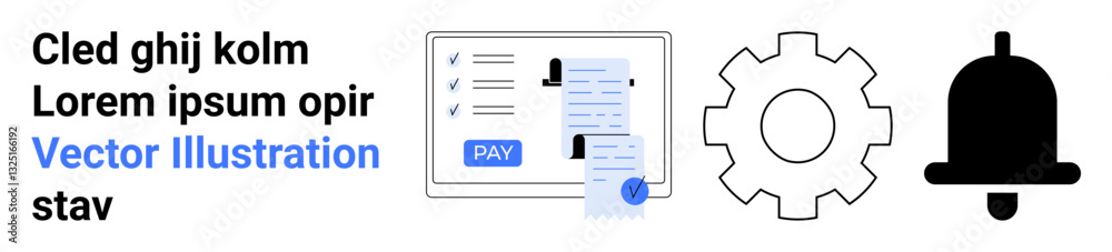 Payment screen highlighting transaction confirmation. Includes a receipt, gear for settings, and bell for notifications. Ideal for finance, technology, apps, alerts, payments process control Payment screen highlighting transaction confirmation. Includes a receipt, gear for settings, and bell for notifications. Ideal for finance, technology, apps, alerts, payments process control