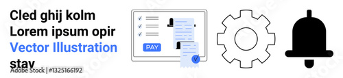 Payment screen highlighting transaction confirmation. Includes a receipt, gear for settings, and bell for notifications. Ideal for finance, technology, apps, alerts, payments process control