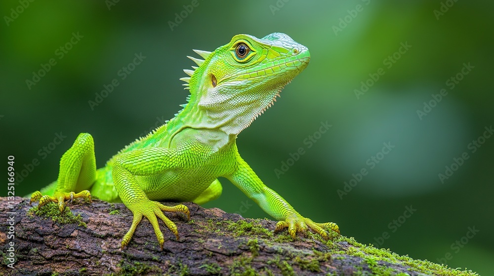A vibrant green lizard perches gracefully on a moss covered log A vibrant green lizard perches gracefully on a moss covered log