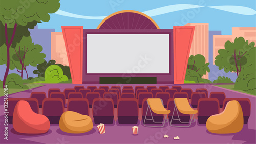 A lively outdoor cinema set in a park, featuring colorful chairs and empty bean bags. Popcorn scattered on the ground adds a casual vibe, ready for a fun movie night.