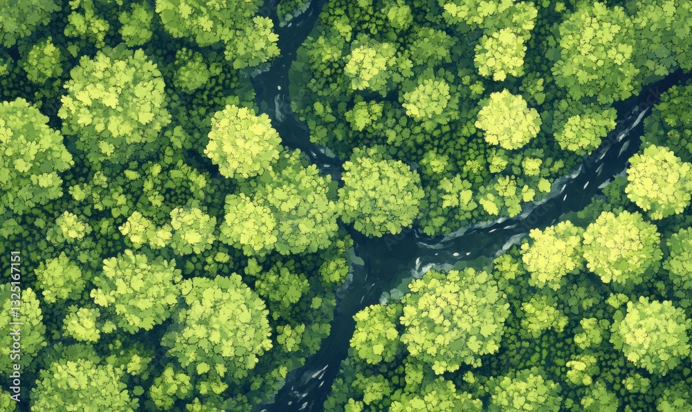 Naklejka premium top view of summer green trees with a river