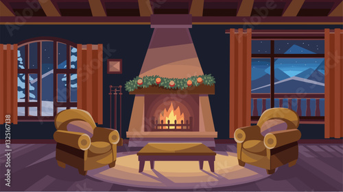 Enjoy a serene winter retreat in this cozy cabin interior featuring plush armchairs, a glowing fireplace, and a breathtaking snowy mountain backdrop.