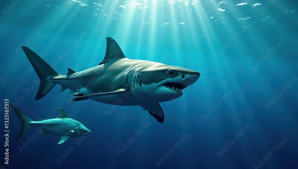 Naklejka premium Great white shark hunting small fish in blue ocean, zoology, scale, ecosystem