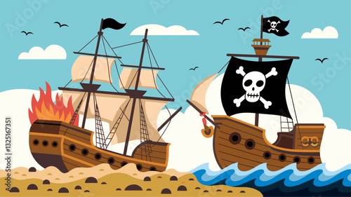 A colorful illustration of two pirate ships: one ablaze and the other flying a skull and crossbones flag, set against a vibrant ocean backdrop with birds and clouds.