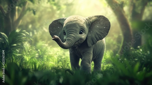 Wallpaper Mural A cute baby elephant walking through the green jungle foliage Torontodigital.ca