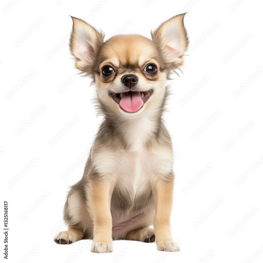 a cheerful chihuahua puppy sitting and smiling showcasing its playful and friendly demeanor against a clean white background a cheerful chihuahua puppy sitting and smiling showcasing its playful and friendly demeanor against a clean white background