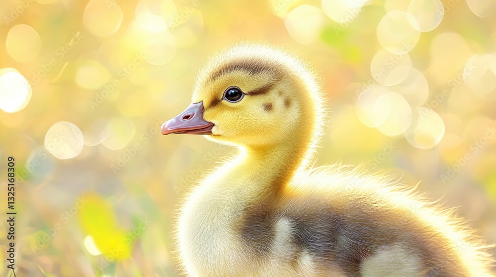 Obraz premium A fluffy yellow duckling is looking towards the right side direction