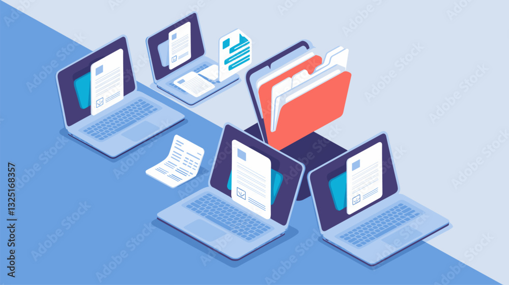 An illustration showing multiple laptops displaying digital documents and a central document folder, representing efficient file management and organization in a digital workspace. An illustration showing multiple laptops displaying digital documents and a central document folder, representing efficient file management and organization in a digital workspace.