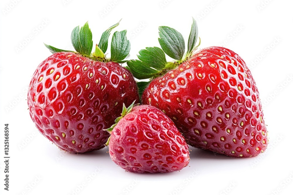 Fresh, vibrant strawberries, three different sizes, glossy red skin, green leaves Fresh, vibrant strawberries, three different sizes, glossy red skin, green leaves