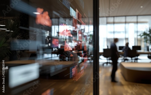 Abstract image of data visualization on a large screen in a modern office setting. Blurry figures of people are visible in the background. The screen displays a complex array of data points, lines