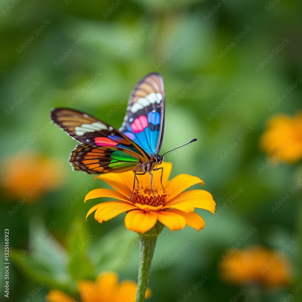 Vibrant butterfly perching on an orange flower Generative AI image Vibrant butterfly perching on an orange flower Generative AI image