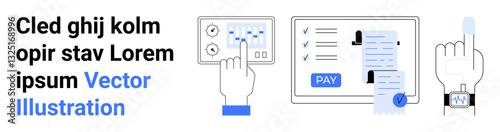Hands using touchscreens for settings, invoice management on display, and fingerprint identification. Ideal for technology, finance, security, authentication, automation, digital interfaces abstract