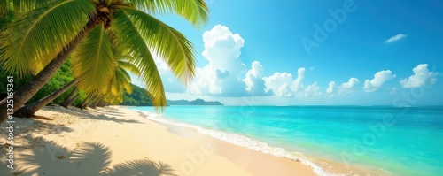 Golden sand, turquoise water, lush palms sway gently, seaside, palm leaves, relaxation