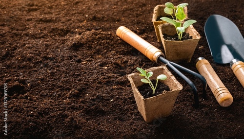 gardening tools and seedlings on soil