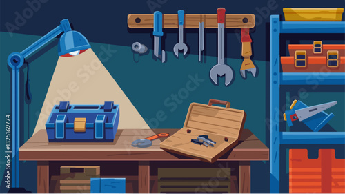 A brightly illustrated workshop scene featuring a tool bench with a toolbox, wrenches, and other tools, illuminated by a lamp.