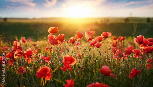 a charming picture of red poppies on a spring meadow against the sun