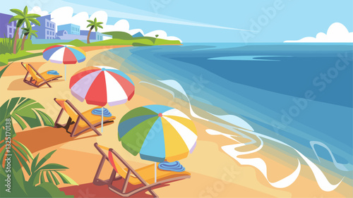 Escape to a vibrant tropical beach scene featuring colorful umbrellas and empty lounge chairs along the gentle waves. Perfect for vacations and relaxation.
