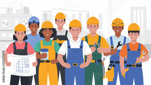 A vibrant illustration of a diverse group of construction workers standing confidently with tools and blueprints, set against a construction site background. Perfect for workforce representa...