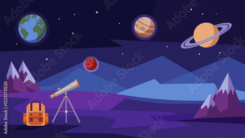 A whimsical illustration of a night sky, featuring Earth, Mars, Jupiter, and Saturn, alongside a telescope on a mountainous landscape.