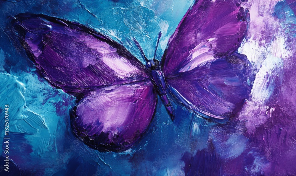 Obraz premium Purple butterfly painted on a vibrant, swirling blue background.