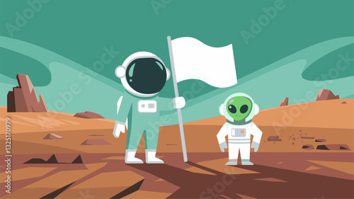 An imaginative scene depicting an astronaut and a friendly alien on Mars, standing together with a blank flag. Perfect for science fiction themes.