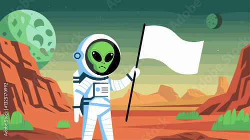 This vibrant illustration features an alien astronaut holding a white flag in a surreal landscape, highlighting themes of exploration and mystery in outer space.