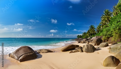 Wallpaper Mural tropical beach with golden sand scattered rocks and lush greenery Torontodigital.ca